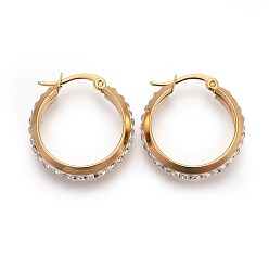 Golden Ion Plating(IP) 304 Stainless Steel Hoop Earrings, with Polymer Clay Rhinestone, Crystal, Golden, 24.5x24x6mm, Pin: 1mm