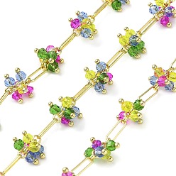 Colorful Rack Plating Real 18K Gold Plated Brass Oval Link Chains, with Glass Flower Charms, Soldered, with Spool, Lead Free & Cadmium Free, Colorful, 8x2x0.9mm
