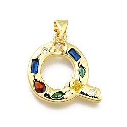 Letter Q Латунные микропаве прозрачные подвески с фианитом, с целью перехода в кольце, без свинца и без кадмия, долговечный, стойки покрытие, письмо амулеты, реальный 18 k позолоченный, Буква Q, 19~21x9.5~20x2.7 мм, Перейти кольцо: 5x1 мм, 3 mm внутреннего диаметра.