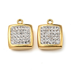 Real 14K Gold Plated 304 Stainless Steel Pendants, with Crystal Rhinestone, Square Charm, Real 14K Gold Plated, 12x9.5x4.5mm, Hole: 1.4mm
