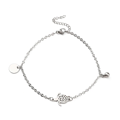 Stainless Steel Color 304 Stainless Steel Tortoise Link Anklet with Ball Charms for Women, Stainless Steel Color, 8-7/8~9-1/4 inch(22.5~23.5cm)