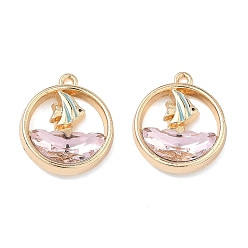 Pink Сплав стекла подвески, плоская круглая форма с подвесками в виде парусников, стойки покрытие, без кадмия, без никеля и без свинца, золотые, розовые, 18x15.5~16x4~4.5 мм, отверстие : 1.2~1.4 мм