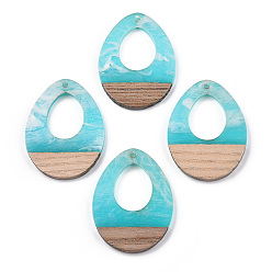 Cyan Transparent Resin & White Wood Pendants, Two Tone, Teardrop Charms, Cyan, 37.5x28x3~3.5mm, Hole: 1.5mm