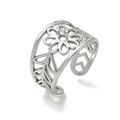 Stainless Steel Color 304 Stainless Steel Cuff Open Ring Setting, with Loop, Hollow Flower & Leaf, Stainless Steel Color, 14mm, Hole: 2.5mm, US Size 8 1/2(18.5mm)