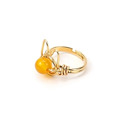 Citrine Natural Citrine Adjustable Ring, Cat Shape Golden Brass Wire Wraped Ring, Wide: 8mm