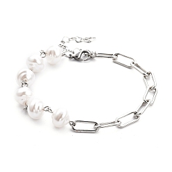 Stainless Steel Color White Plastic Imitation Pearl Links Bracelets, with Iron Paperclip Chains and 304 Stainless Steel Lobster Claw Clasps, Stainless Steel Color, 8-1/8 inch(20.5cm)