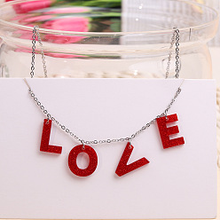 Dark Red Valentine's Day Acrylic Word LOVE Charms Bib Necklaces, with Stainless Steel Chains, Dark Red, 15.75~17.72 inch(40~45cm)