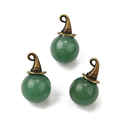 Зеленый Авантюрин Натуральные зеленые круглые подвески из авантюрина с ведьминой шляпой из сплава, античная бронза, 27~27.5x16~16.5 мм, отверстие : 1.5x2 мм