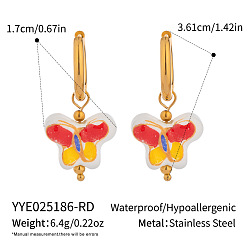 Красный 304 Серьги-кольца в форме бабочки из нержавеющей стали и фарфора, реальный 18 k позолоченный, красные, 36.1x17 мм