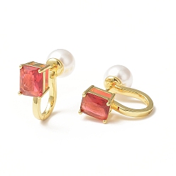 Red Glass Rectangle Hoop Earrings with ABS Pearl Beaded, Golden Brass Jewelry for Women, Red, 25.3x17.5x10mm, Pin: 1mm