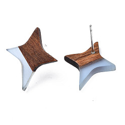 Light Steel Blue Transparent Resin & Walnut Wood Stud Earrings, with 304 Stainless Steel Pin, Star, Light Steel Blue, 21x17~18mm, Pin: 0.7mm