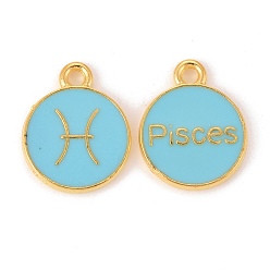 Pisces Alloy Enamel Pendants, Flat Round with Constellation/Zodiac Sign, Golden, Sky Blue, Pisces, 15x12x2mm, Hole: 1.5mm