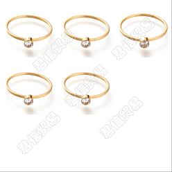 Crystal Unicraftale 5Pcs 5 Style Flat Round Rhinestone Finger Rings, Ion Plating(IP) 304 Stainless Steel Thin Finger Rings for Women, Golden, Crystal, US Size 5~9 3/4(15.7~19.5mm), 1pc/style