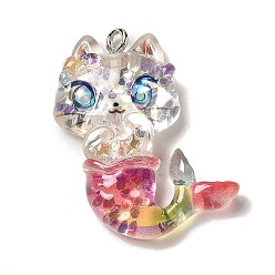 Cat Shape Mermaid Theme Transparent Resin Pendants, Sea Animal Charms with Paillette and Platinum Tone Iron Loops, Colorful, Cat Shape, 31x25.5x7.5mm, Hole: 2mm