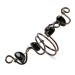 Obsidian Natural Obsidian Chips Finger Ring, Rack Plating Red Copper Brass Wire Wrap Wide Ring, Inner Diameter: 17~19mm