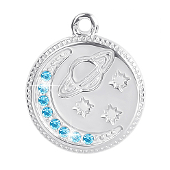 Stainless Steel Color 201 Stainless Steel Rhinestone Pendants, Flat Round with Planet & Moon & Star Charm, Stainless Steel Color, 17x14x2mm, Hole: 1.2mm