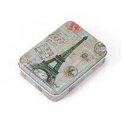 Colorful Tinplate Storage Box, Jewelry Box, for DIY Candles, Dry Storage, Spices, Tea, Candy, Party Favors, Rectangle with Eiffel Tower Pattern, Colorful, 9.6x7x2.2cm