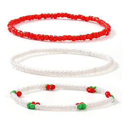Mixed Color 3Pcs 3 Colors Christmas Round Glass Seed Beaded Stretch Bracelet Sets, Adjustable Stackable Bracelets for Women, Mixed Color, 6.89 inch(17.5cm), 1pc/color