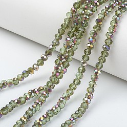 Vert Jaune Plaquent verre transparent perles brins, la moitié rose doré, facette, rondelle, vert jaune, 8x6mm, Trou: 1mm, Environ 65~68 pcs/chapelet, 15.7~16.1 pouce (40~41 cm)