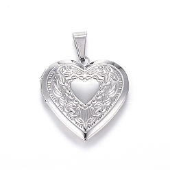 Stainless Steel Color 316 Stainless Steel Locket Pendants, Heart, Stainless Steel Color, 29x29x7mm, Hole: 9x5mm, Inner: 21x17mm