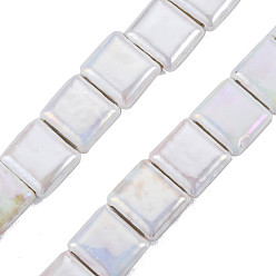 Creamy White Handmade Porcelain Bead Strands, Famille Rose Style, Flat Hole Beads, Square, Creamy White, 15x16~16.5x7mm, Hole: 2.5x11mm, about 20pcs/strand, 11.42 inch(29cm)