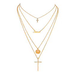 golden Geometric Circle Cross Necklace with Sparkling Diamonds - Fashionable Multi-Layered Accessory