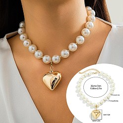 Golden CCB Plastic Heart Pendant Necklaces, Choker Necklace with Imitation Pearl Beaded Chains, Golden, 13.78 inch(35cm)