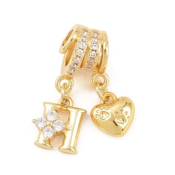 Letter H Латунные микропаве прозрачные подвески с фианитом, сердце прелести, долговечный, стойки покрытие, без кадмия и без свинца, реальный 18 k позолоченный, Письмо ч, 24 мм, отверстия : 3 mm и 4 мм, Сердце: 8.5x8x3.5 mm, Письмо: 10x9x3.5 мм