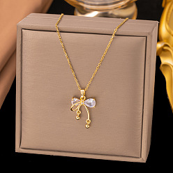 Золотой Латунный кулон-бантик с прозрачным кубическим цирконием 304 ожерелья из нержавеющей стали с цепочкой для женщин, золотые, 15.75 дюйм (40 см)