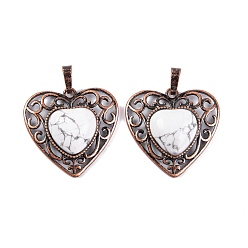 Howlite Natural Howlite Peach Love Heart Pendants, Rack Plating Brass Hollow Heart Charms, Cadmium Free & Lead Free, Red Copper, 29.5x30.5x7.5mm, Hole: 7.5x5mm