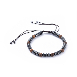 Non-magnetic Hematite Nylon Thread Braided Beads Bracelets, with Non-Magnetic Synthetic Hematite Beads and Wood Beads, 2-1/4 inch(5.7cm)