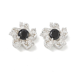 Черный Латунные звенья с инкрустацией кубическим цирконием, цветок, 925 серебро покрытием, чёрные, 15x15.5x6.5 мм, отверстие : 1.2 мм