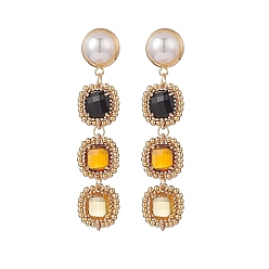Goldenrod Glass Rectangle Beaded Long Dangle Stud Earrings with Imitation Pearl, Gold Plated Brass Bohemia Jewelry for Women, Goldenrod, 60mm, Pin: 0.8mm