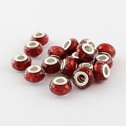 Dark Red Large Hole Resin European Beads, with Silver Color Plated Brass Double Cores, Faceted Rondelle, Dark Red, 14x9mm, Hole: 5mm