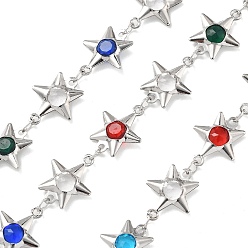 Разноцветный Латунные цепи со стеклянными звеньями, с подвесками в виде звезд и катушкой, долговечный, пайки, без свинца и без кадмия, стойки покрытие, платина, красочный, 14x10.5x3 мм