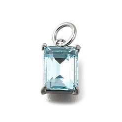 Бледно-бирюзовый Прямоугольный латунный со стеклянными подвесками, одиночные каменные прелести, без кадмия и без свинца, долговечный, стойки покрытие, платина, бледные бирюзовая, 10.5x7x4.5 мм, отверстие : 3.5 мм