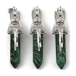 Malachite Synthetic Malachite Pointed Pendants, Faceted Bullet Charms, with Rack Plating Platinum Plated Brass Fairy, 24x13mm, Hole: 5x8mm