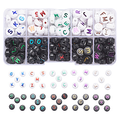 Mixed Color 180Pcs 10 Style Opaque Black Acrylic Beads, Flat Round with Random Letters, Mixed Color, 9.5~10x6mm, Hole: 2mm, 18pcs/style