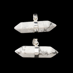 Говлит Подвески с двойным наконечником из натурального говлита, граненые брелоки в форме пули с латунными застежками на дужках, стойки покрытие, серебряные, 12.5x32~32.5x9.5 мм, отверстие : 6x4.5 мм