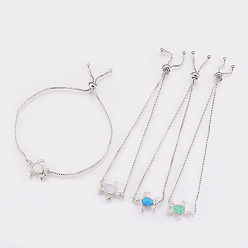 Mixed Color Adjustable Brass Bolo Bracelets, Slider Bracelets, Box chains, with Synthetic Opal, Turtle, Platinum, Mixed Color, 9-1/2 inch(24cm)x1mm