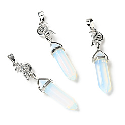 Opalite Opalite Double Terminated Pointed Big Pendants, with Platinum Tone Brass Findings, Cadmium Free & Lead Free, Moon with Fairy & Bullet, Faceted, 62~66mm