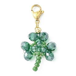 Green Glass Pendant Decoration, with 304 Stainless Steel Lobster Claw Clasps, Clover, Green, 38~39.5mm, Pendant: 25~25.5x19x5mm