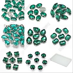 Изумруд 80шт 8 стили пришить стразы, многожильных ссылки, стекло горный хрусталь, с настройками латуни, аксессуары для одежды, граненые, платина, разнообразные, изумруд, 8~16x6~11x4.4~7.2 мм, отверстие : 0.8~1 мм, 10 шт / стиль