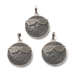 Lava Rock Natural Lava Rock Pendants, with Platinum Tone Brass Findings, Flat Round with Glasses, 32~32.5x27.5x9mm, Hole: 6.5x5mm