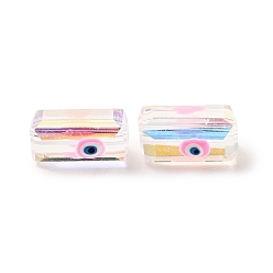 Pearl Pink Transparent Glass Beads, with Enamel, Rectangle with Evil Eye Pattern, Pearl Pink, 12.5x8x7mm, Hole: 1.5mm