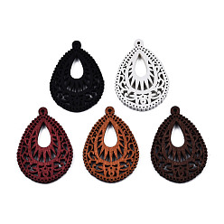 Mixed Color Spray Painted Wooden Pendants, Hollow Teardrop Charm, Mixed Color, 40x28x2.5mm, Hole: 1.6mm
