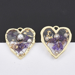 Purple Light Gold Plated Alloy Pendants, with Epoxy Resin, ABS Plastic Imitation Pearl Cabochons, Gold Foil and Dried Flower, Heart, Purple, 23x20.5x4mm, Hole: 1.6mm