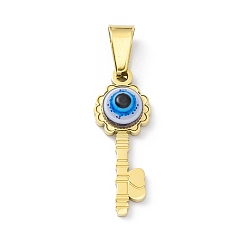 Midnight Blue 304 Stainless Steel Resin Pendants, Key Charms with Evil Eye, Golden, Midnight Blue, 23x8.5x4mm, Hole: 6.5x3mm