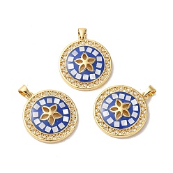 Королевский синий Стойки обшивки латунь кубического циркония подвески, с эмалью и ракушкой, долговечный, без свинца и без кадмия, реальный 18 k позолоченный, плоские круглые с цветком, королевский синий, 26x23x4 мм, отверстие : 5x4 мм