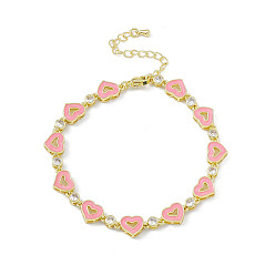 Golden Pink Enamel Heart & Cubic Zirconia Link Chain Bracelet, Brass Jewelry for Women, Golden, 7-5/8 inch(19.4cm)